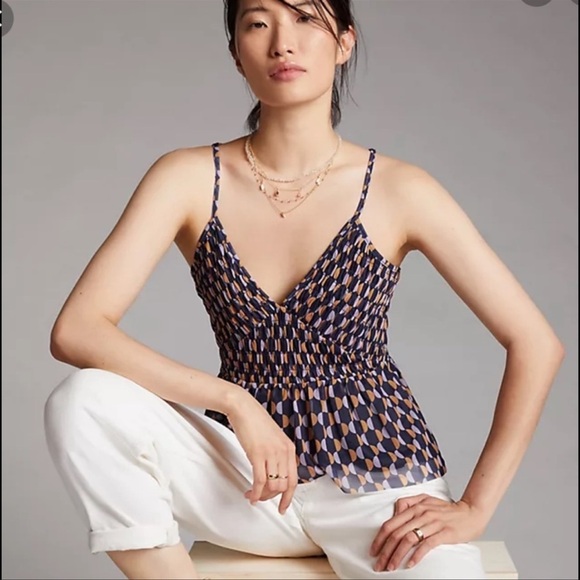 By Anthropologie Strappy Tank Ruched Mesh Detail Small Top Ruffle - Picture 3 of 7